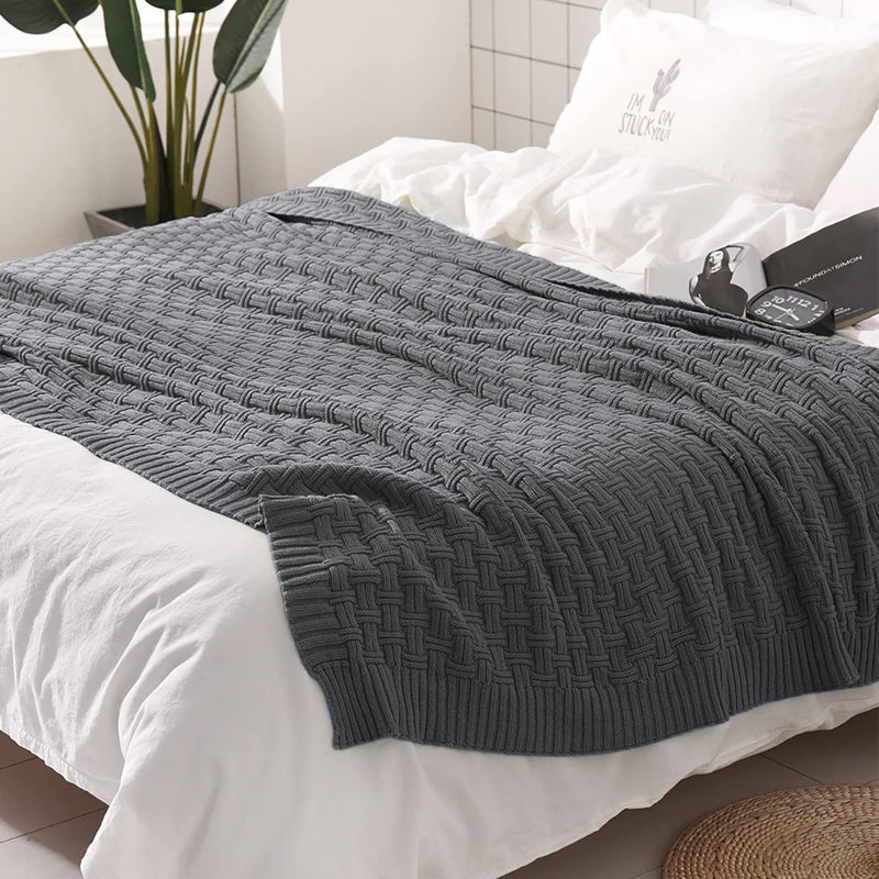 TREELY 100% Cotton Knitted Throw Blanket Couch Cover Blanket(50 x 60 Inches, Dark Grey) - Image 4